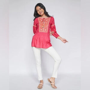 Global Desi Dark Pink Embroidered Top